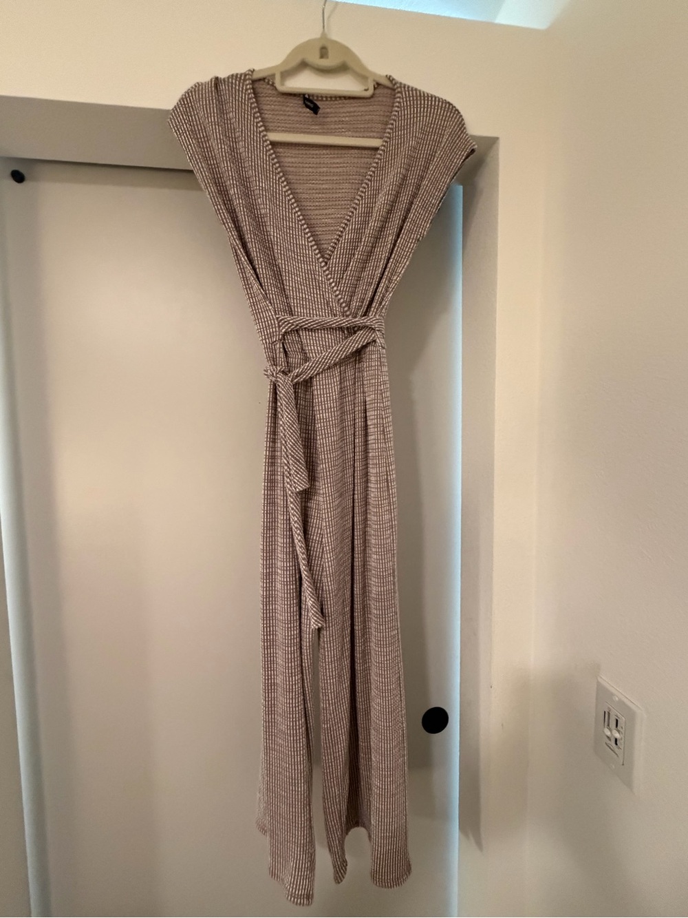 Caution To The Wind Taupe Knit Wrap Maxi Dress with Tie